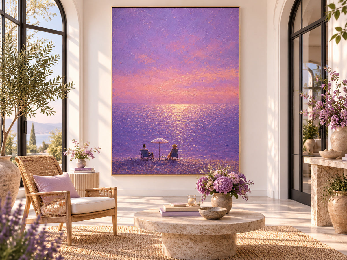 Romantic Purple Seascape Hand-Painted Canvas Art With Golden Sunset Glow