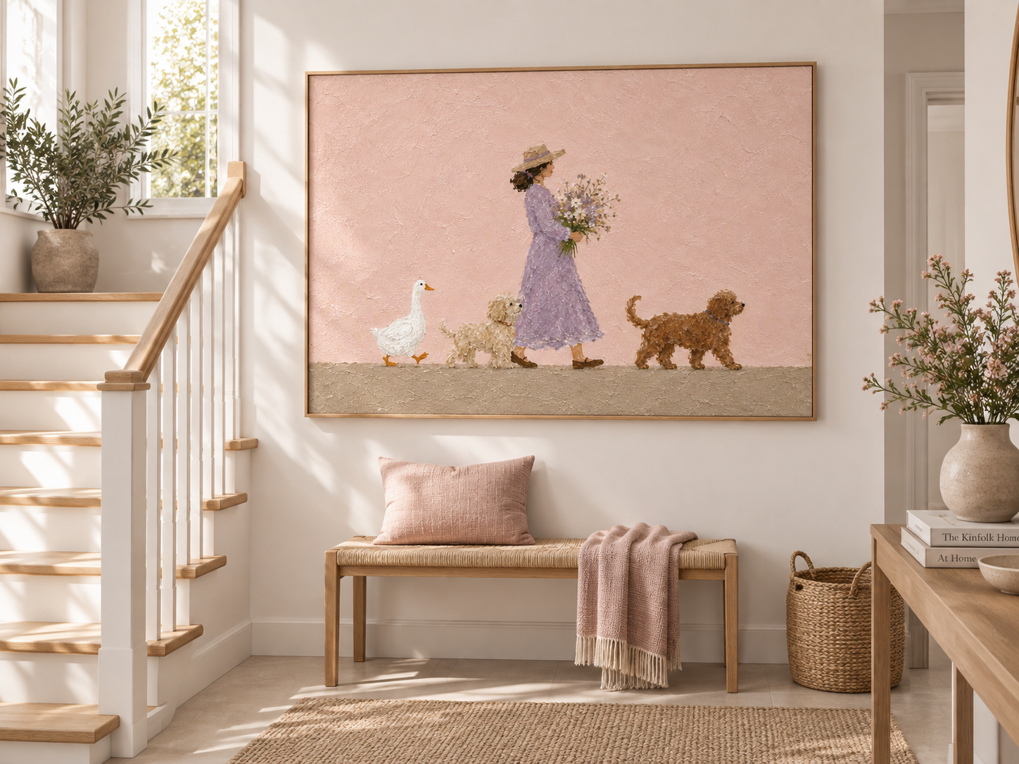 Modern Abstract Pastoral Art With Textured Pink Background And Whimsical Characters
