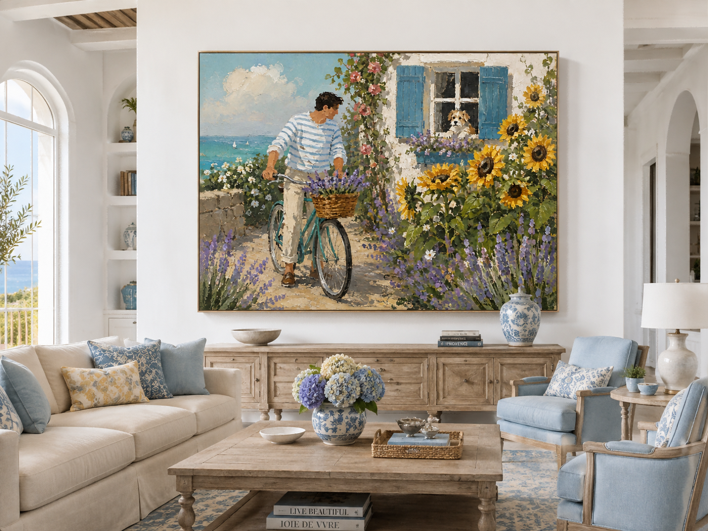Man With Bicycle And Dog Coastal Landscape Hand-Painted Canvas Art