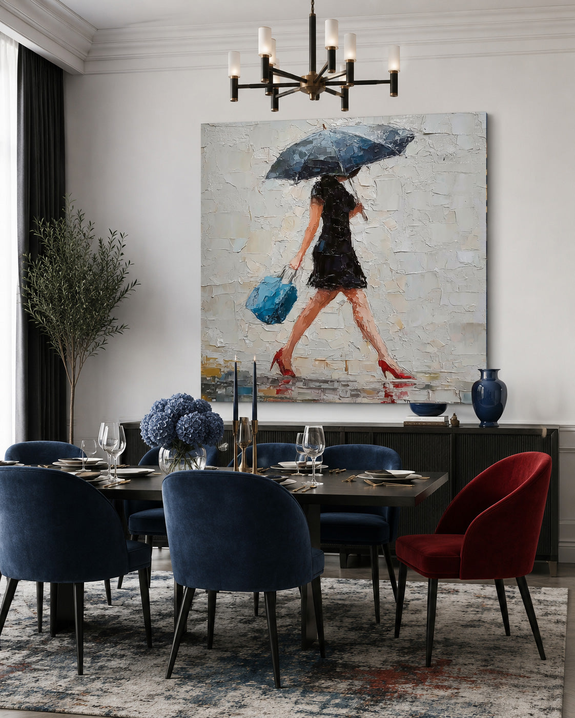 Rainy Day Romance Abstract Figure Painting Red Heels And Blue Bag Square Wall Art