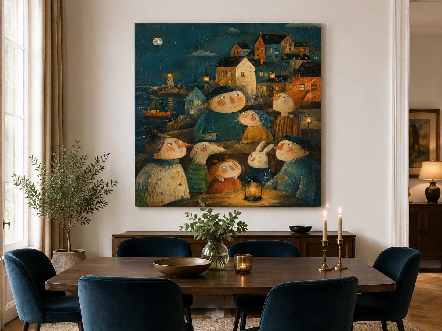 Naive Art Style Painting Of A Fantasy Port Town Under A Full Moon