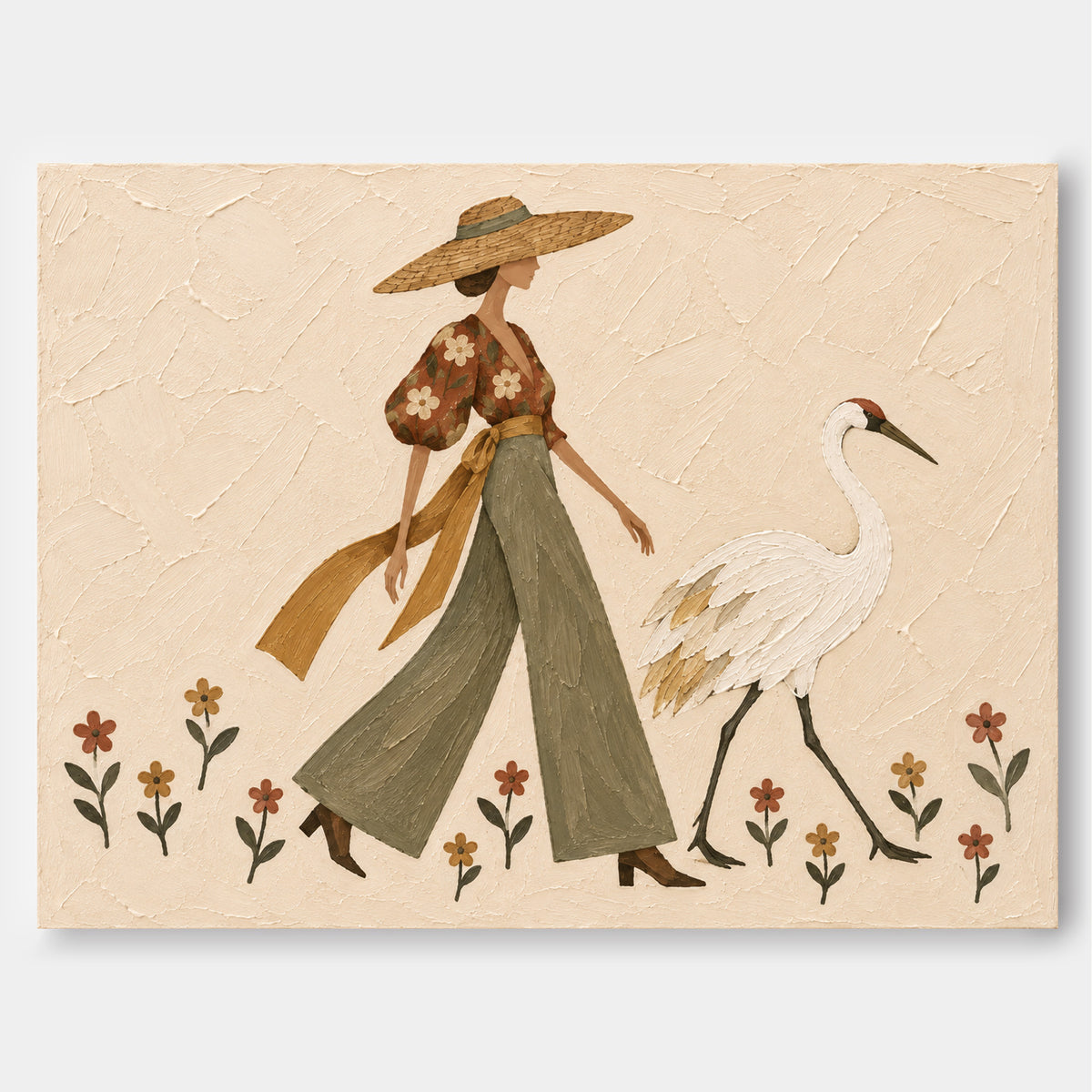 Modern Vintage Textured Canvas Painting Abstract Nature Theme Art Woman And Crane Hand-Painted Art