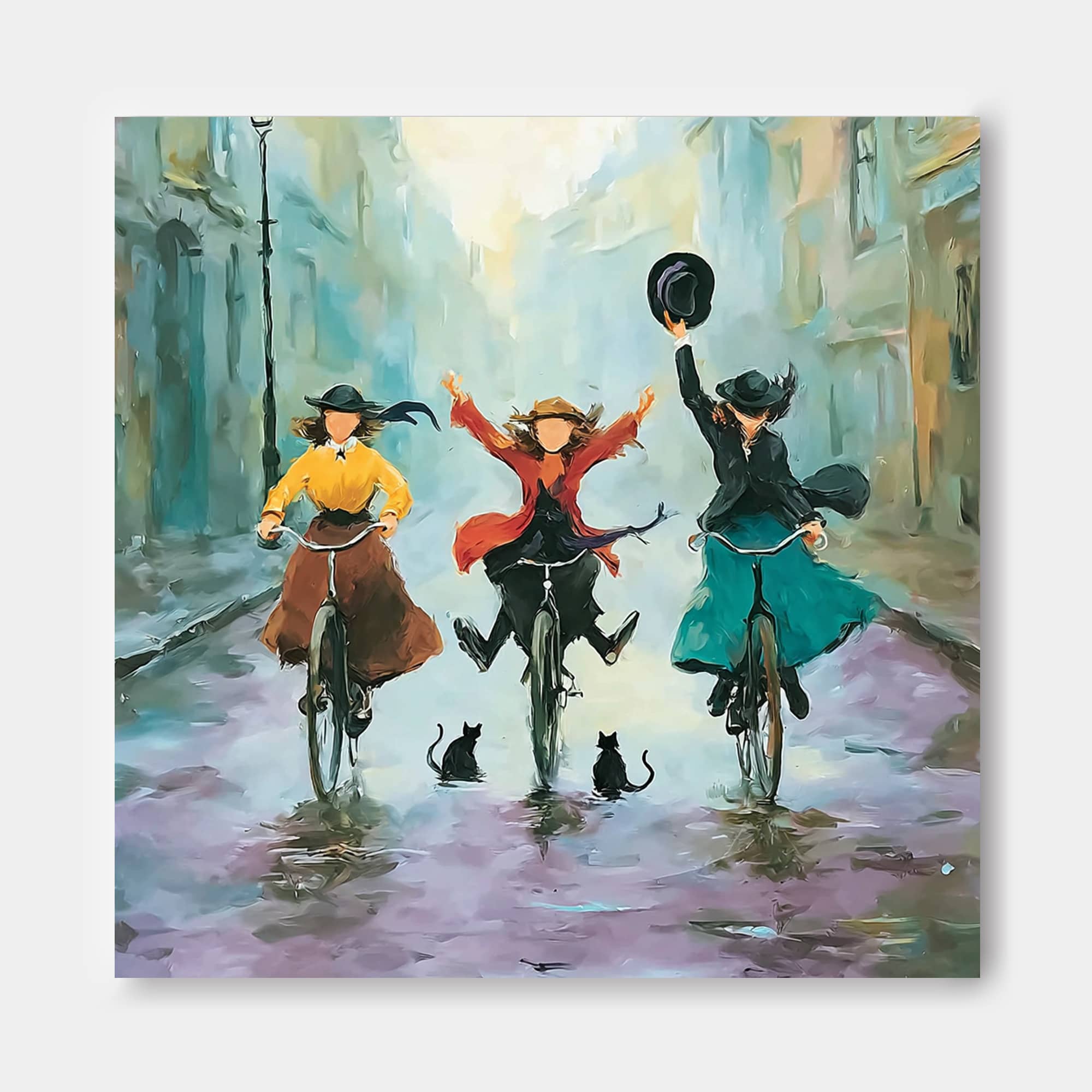 Impressionist City Life Painting Of Women Cycling In Rain With Cats
