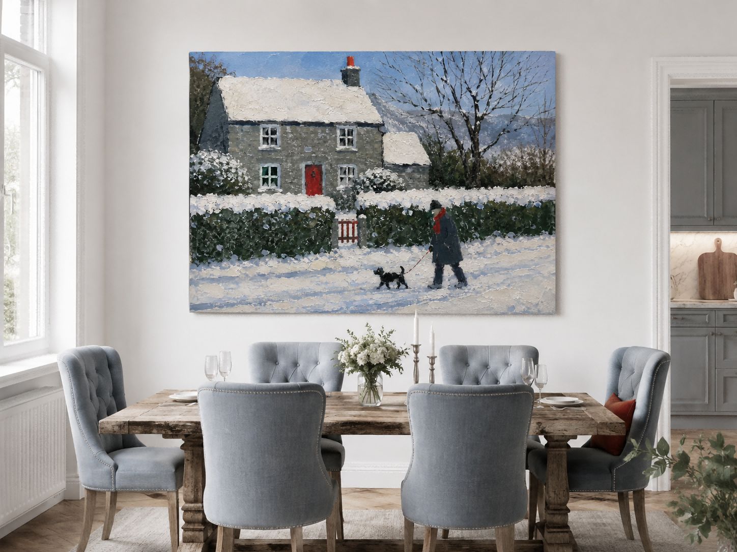 Traditional Realist Snowy Village Painting With Textured Brushwork On Canvas