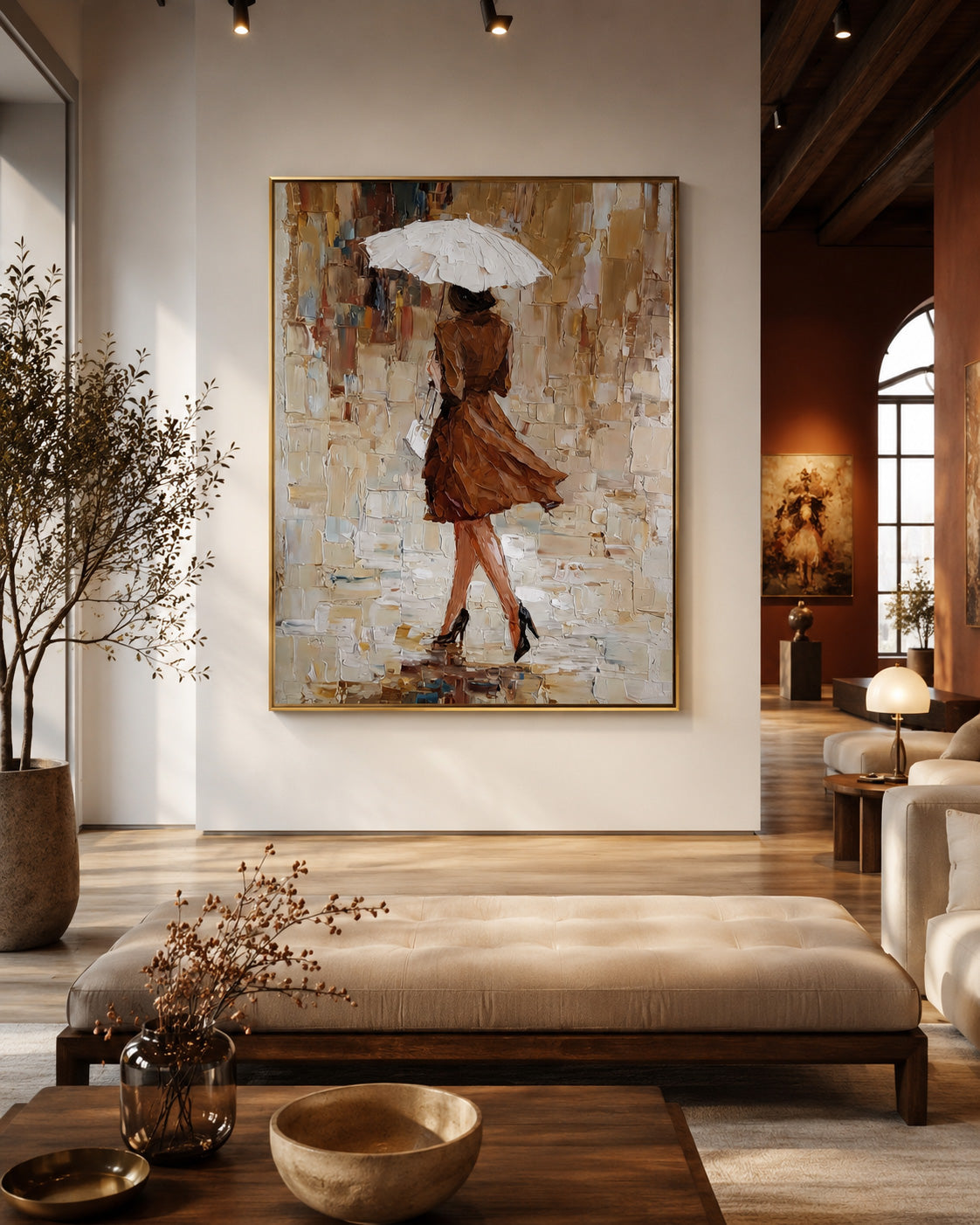 Modern Figurative Art Elegant Lady With Umbrella Oil Painting For Bedroom Wall Decor