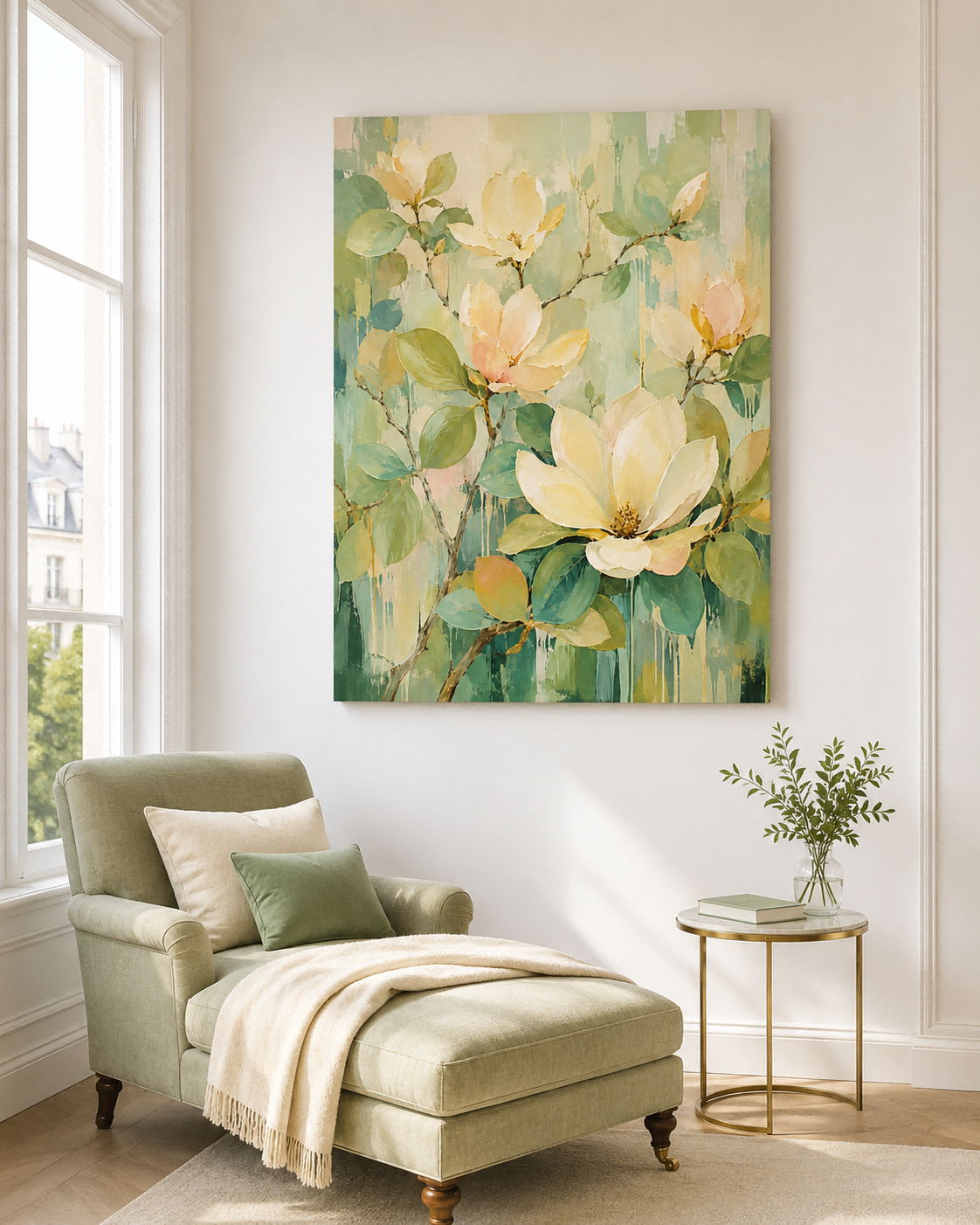 Hand-Painted Abstract Magnolia Floral Canvas Art In Cream And Green