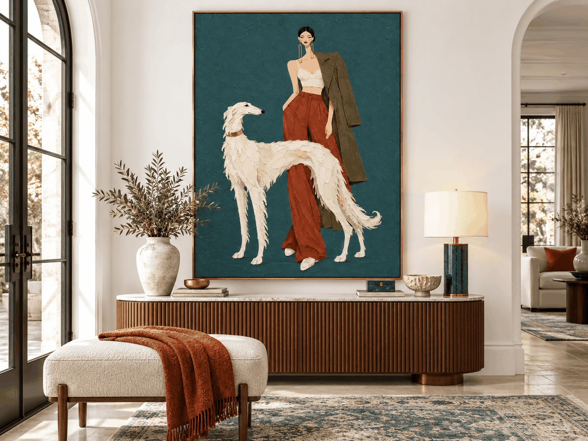 Fashion Woman And White Borzoi Dog Hand-Painted Canvas Art In Rust Red And Teal