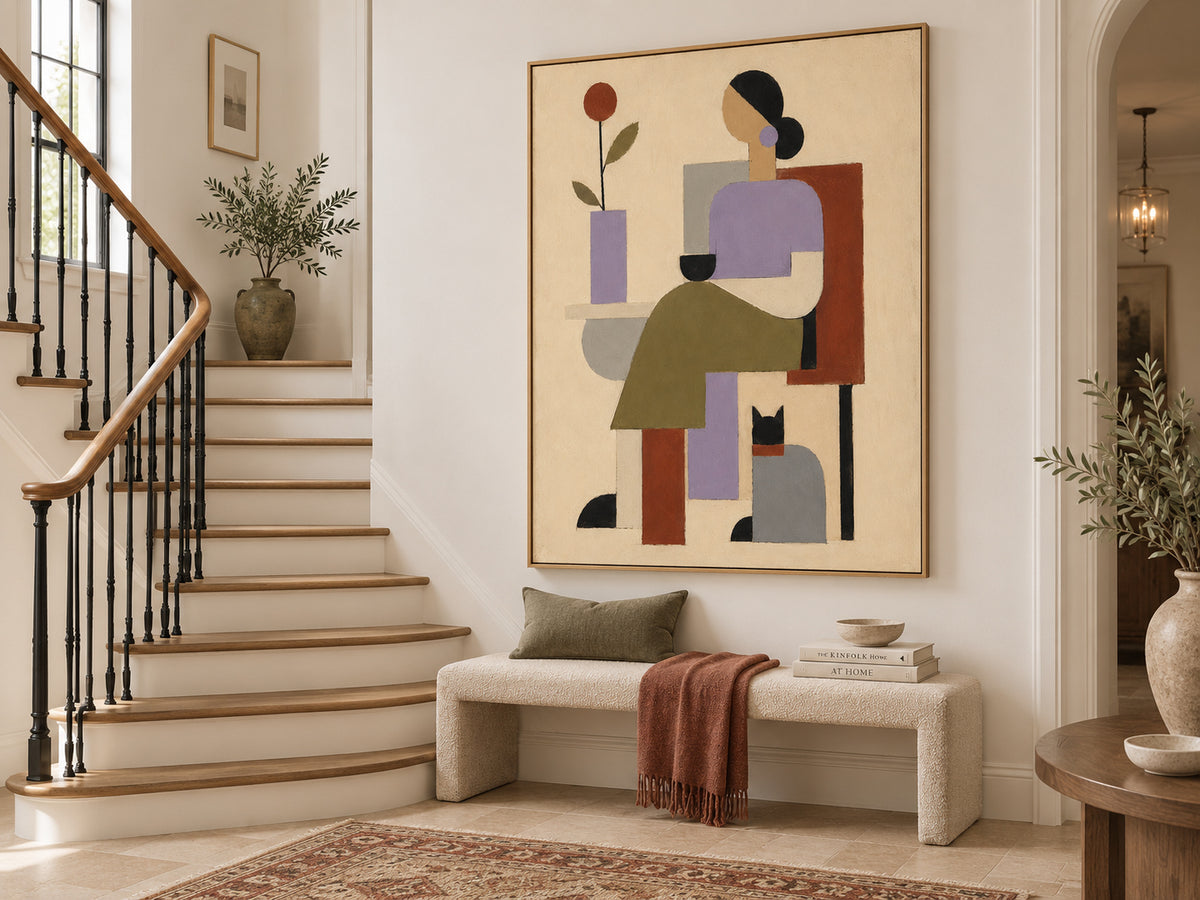 Woman And Cat Geometric Canvas Painting In Morandi Tones