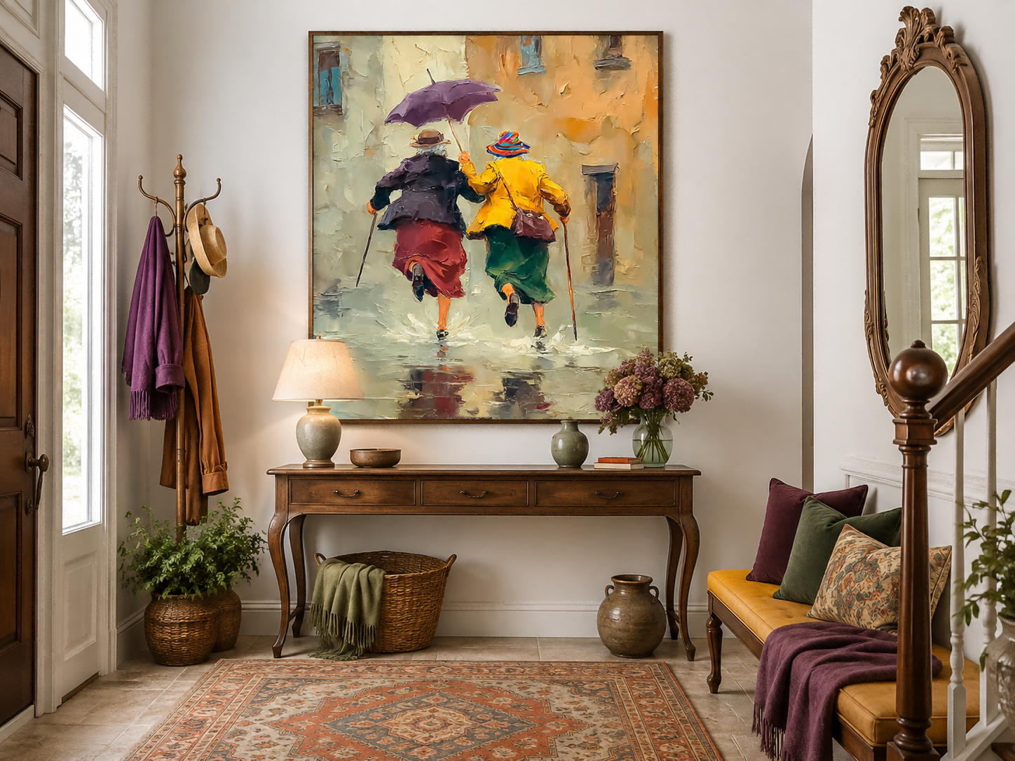 Impressionist Oil Painting Of Two Women Running In Rain With Umbrella For Living Room Wall Art Decor