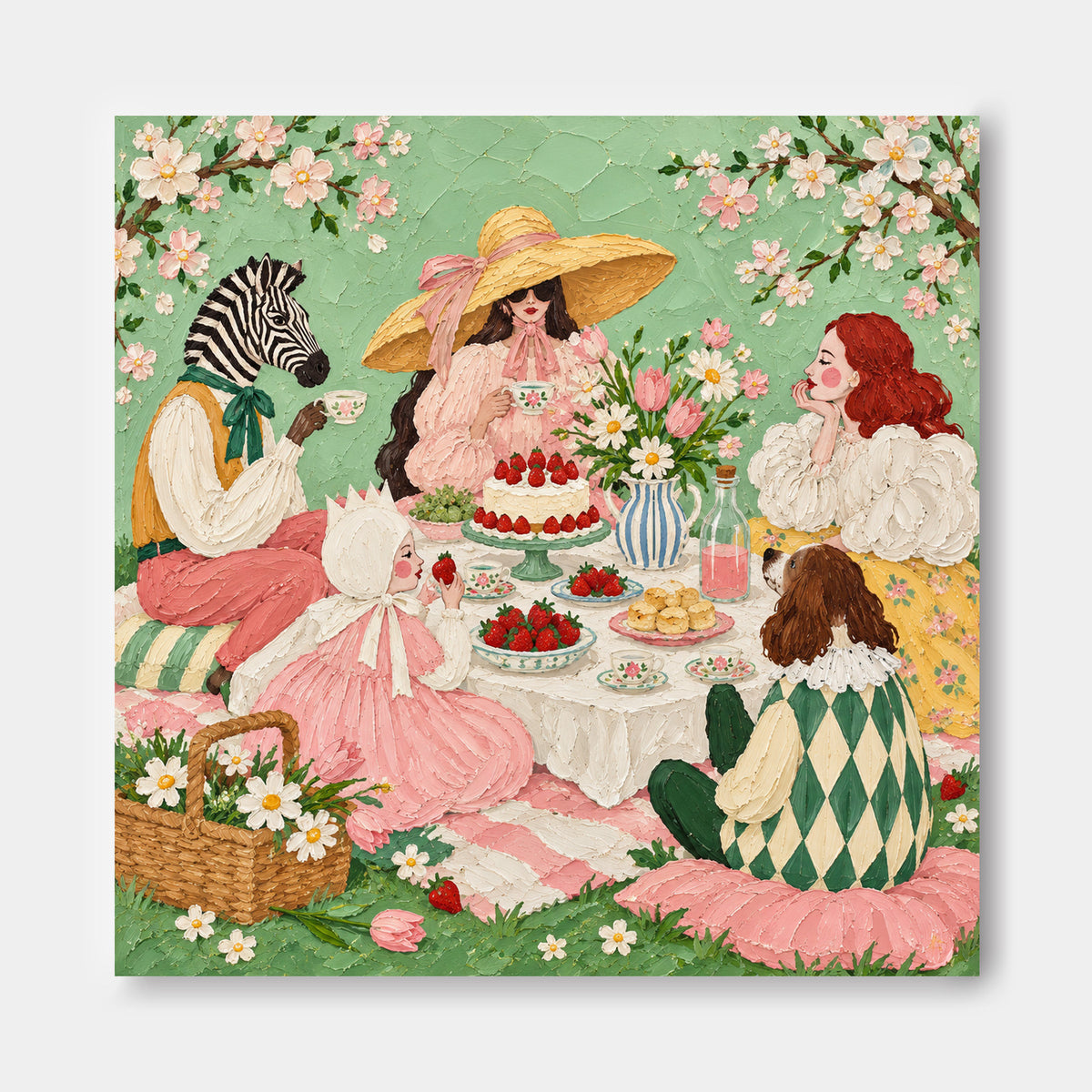 Surreal Zebra And Ladies Picnic Hand-Painted Canvas Art With Strawberry Cake