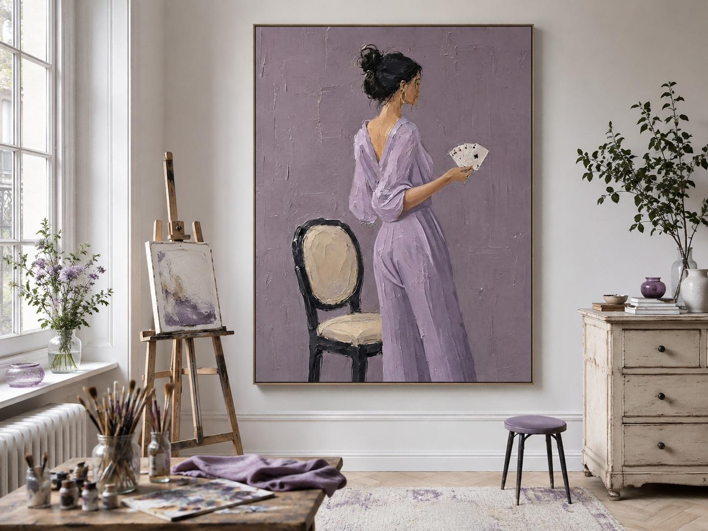 Modern Impasto Oil Painting Of Woman In Purple Jumpsuit With Playing Cards For Living Room