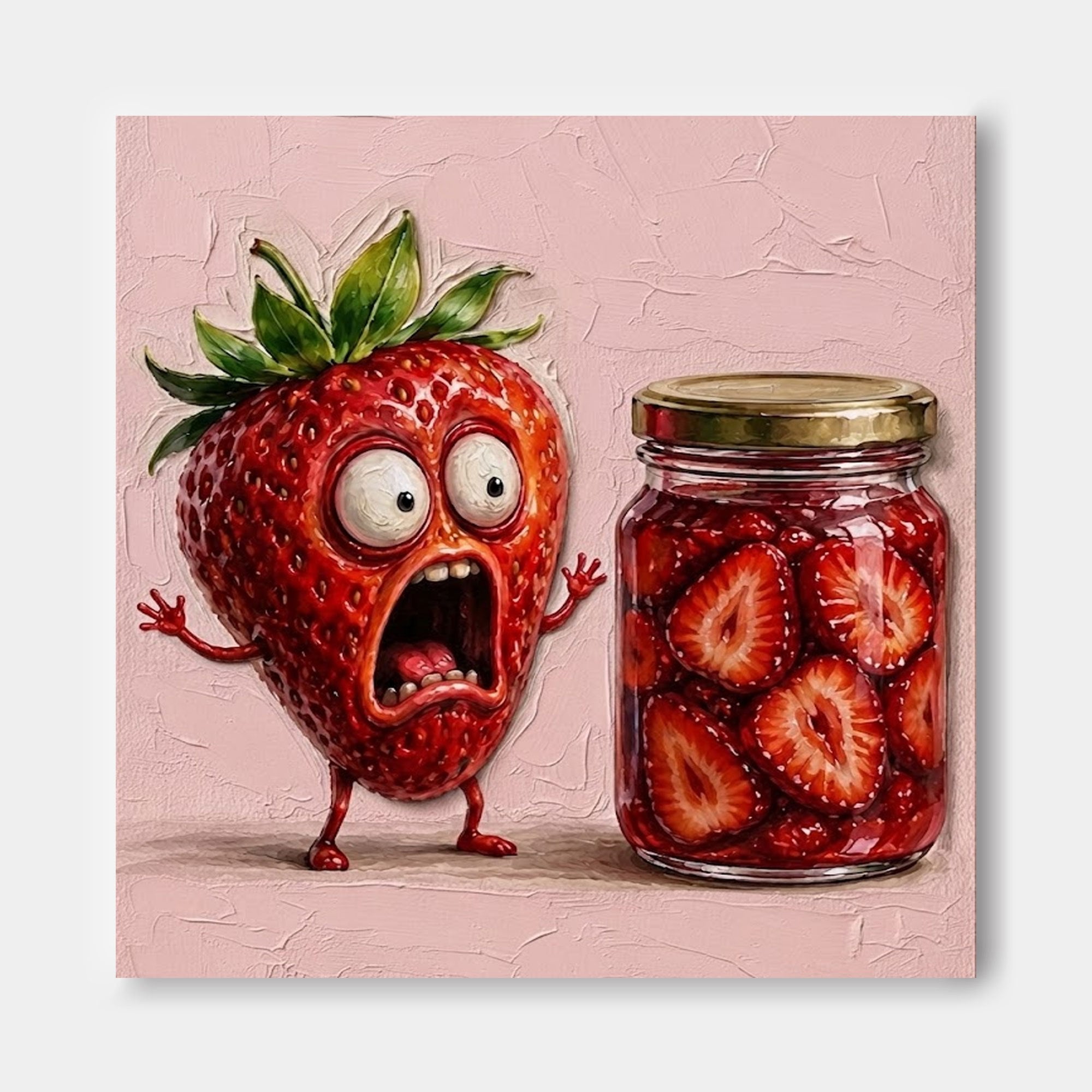 Surreal Strawberry Character Art With Abstract Elements Hand Painted Canvas For Playful Living Room And Dining Area Design