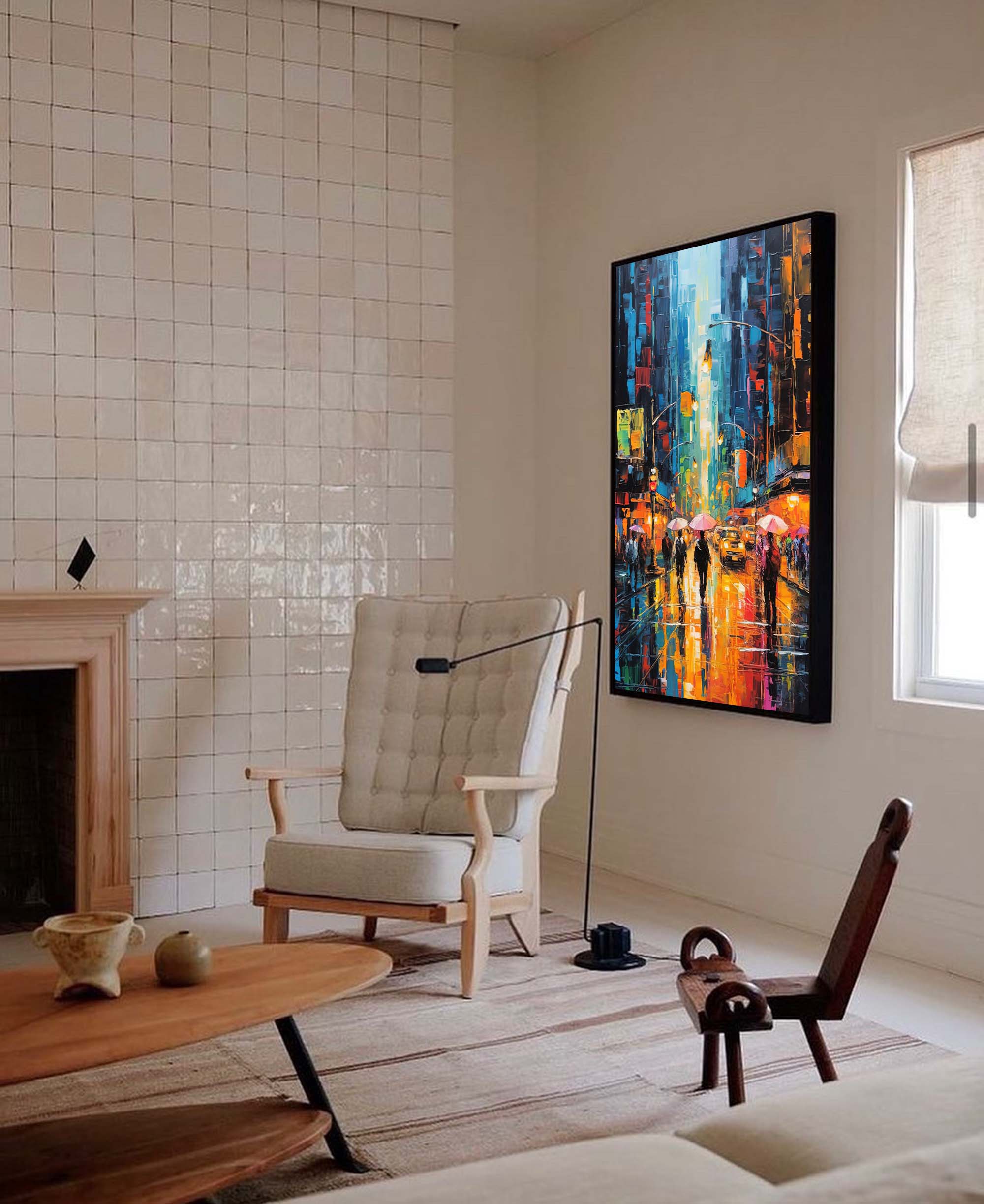 Original Urban Rain Scene oil Painting On Canvas Modern Wall Art Abstract Cityscape Painting Living room Wall Decor
