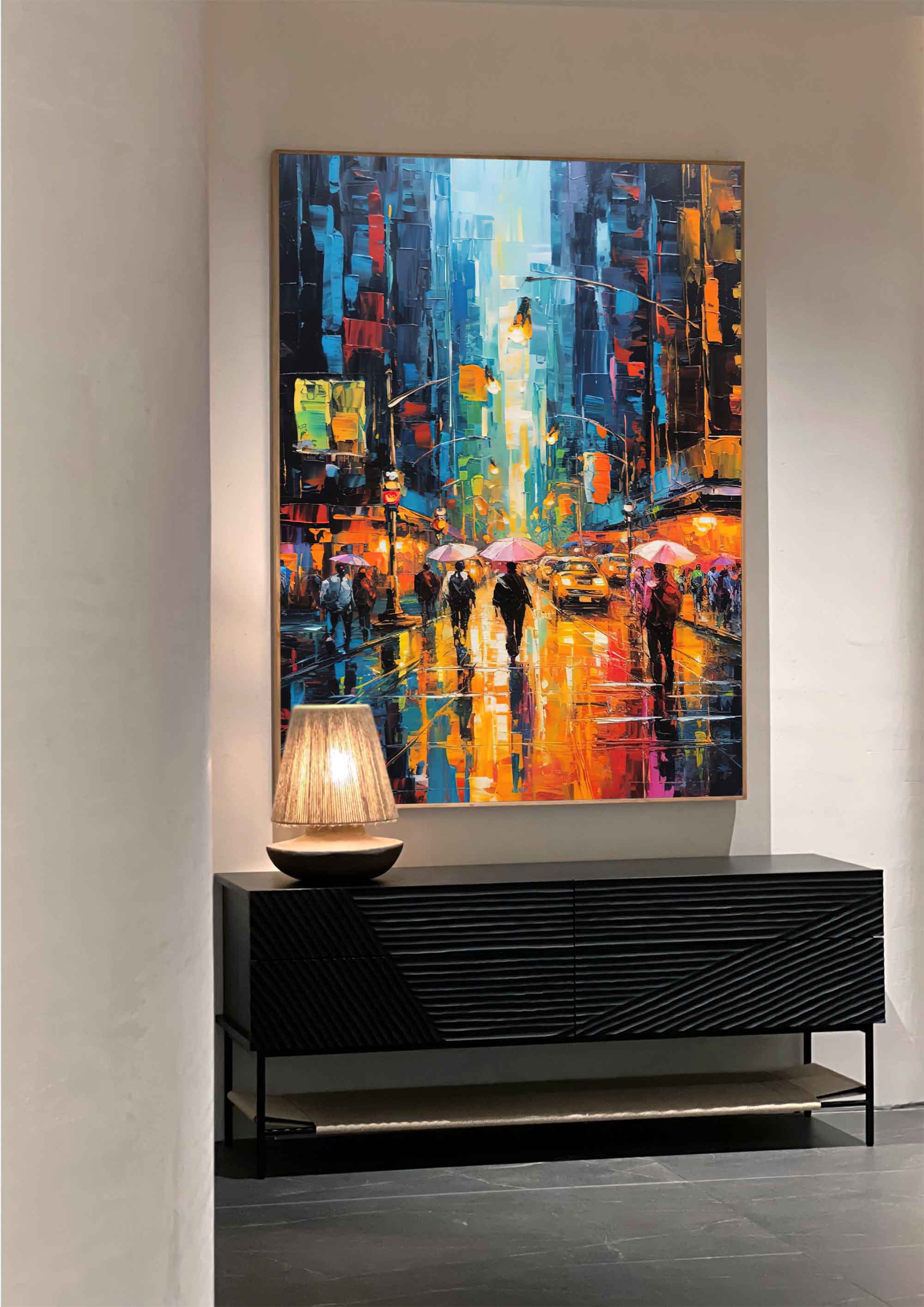 Original Urban Rain Scene oil Painting On Canvas Modern Wall Art Abstract Cityscape Painting Living room Wall Decor