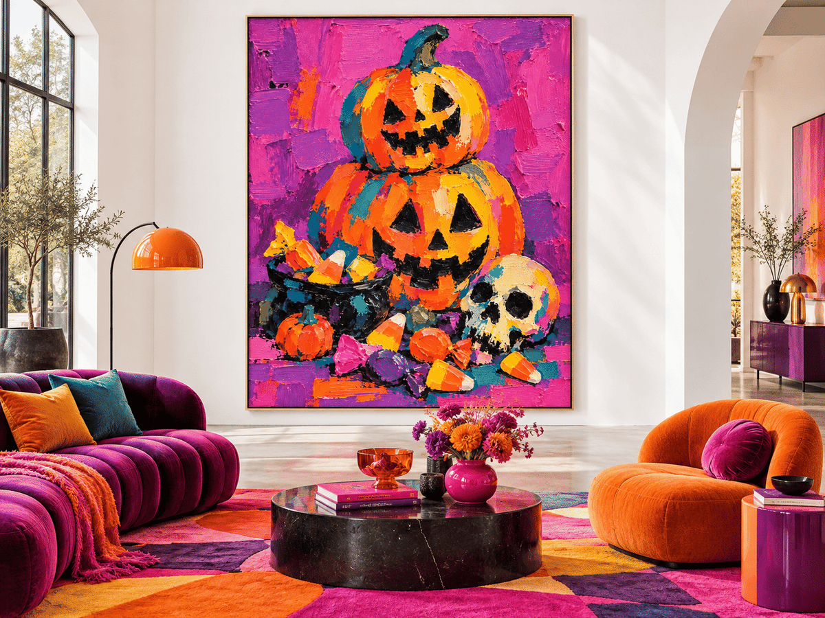 Hand-Painted Halloween Pumpkin And Skull Canvas Art With Candy