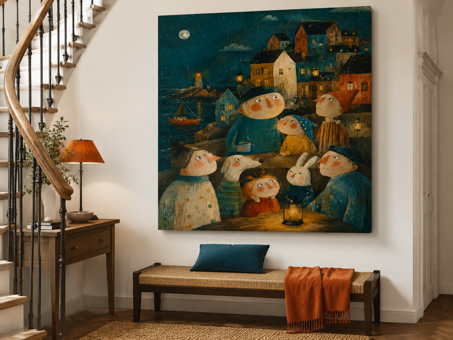 Naive Art Style Painting Of A Fantasy Port Town Under A Full Moon