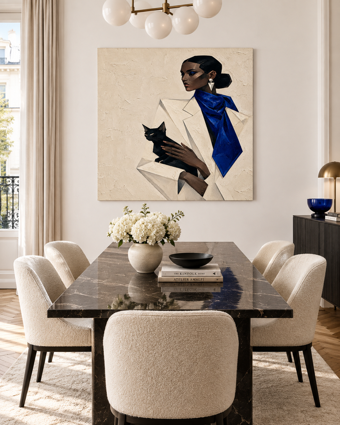 Geometric Woman With Black Cat Hand-Painted Canvas Art In Blue And Beige