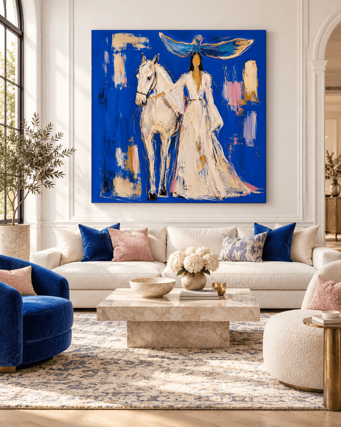 Woman With White Horse And Dove Abstract Canvas Painting In Klein Blue