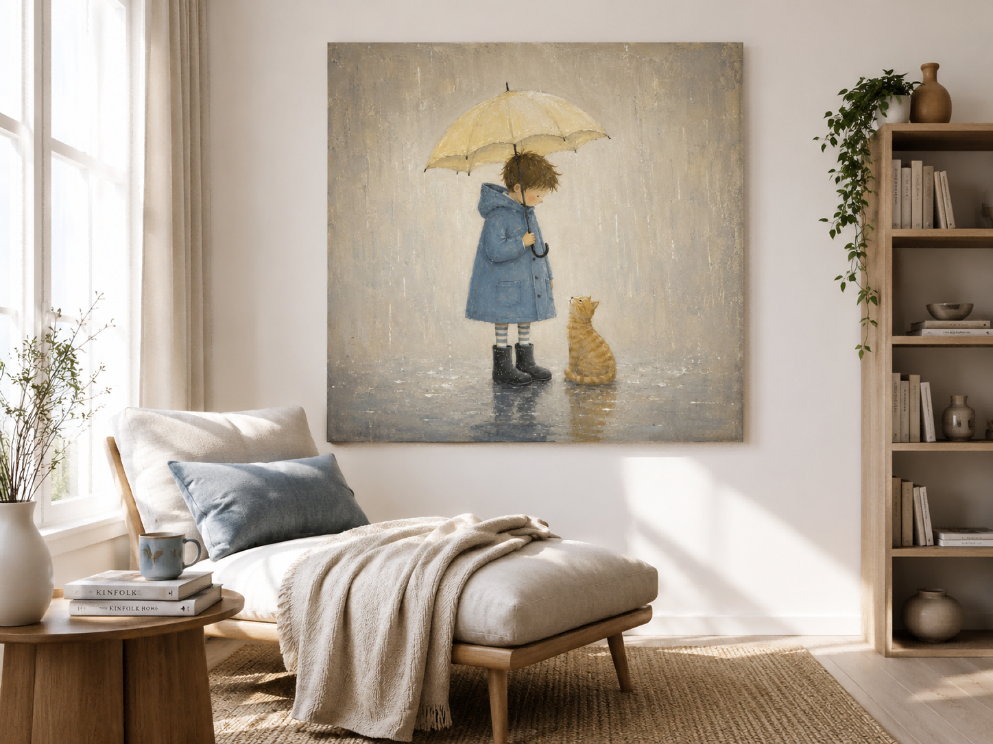 Vintage Boy And Cat Painting With Umbrella In Rain For Nursery Wall Art Decor