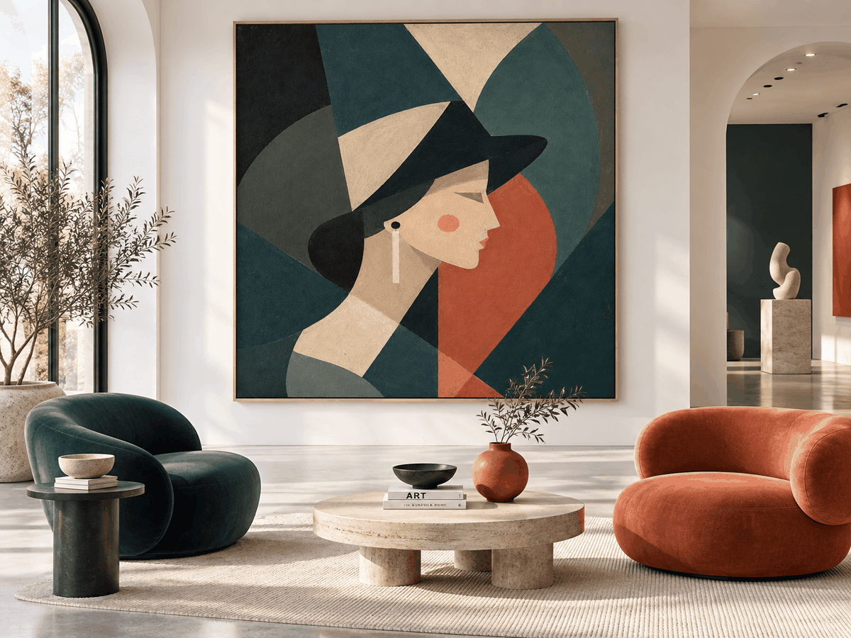 Minimalist Art Deco Style Painting With Morandi Green And Red Tones