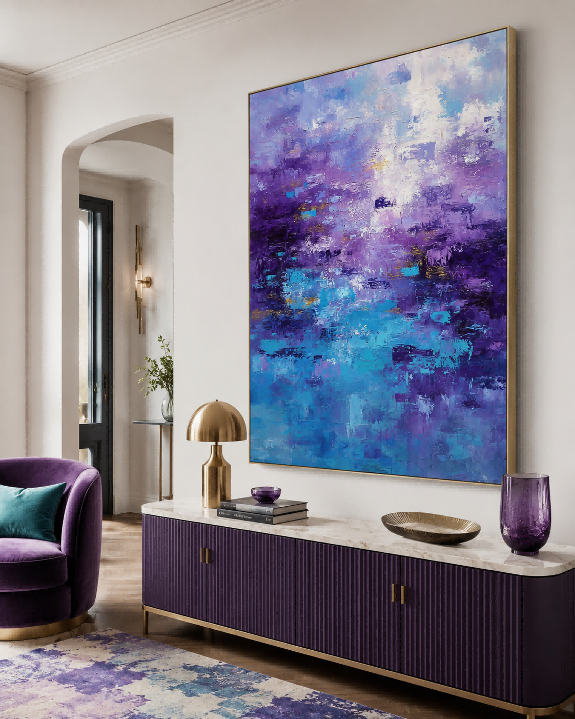 Large Abstract Purple Blue Painting With Textured Brushstrokes For Modern Home Decor