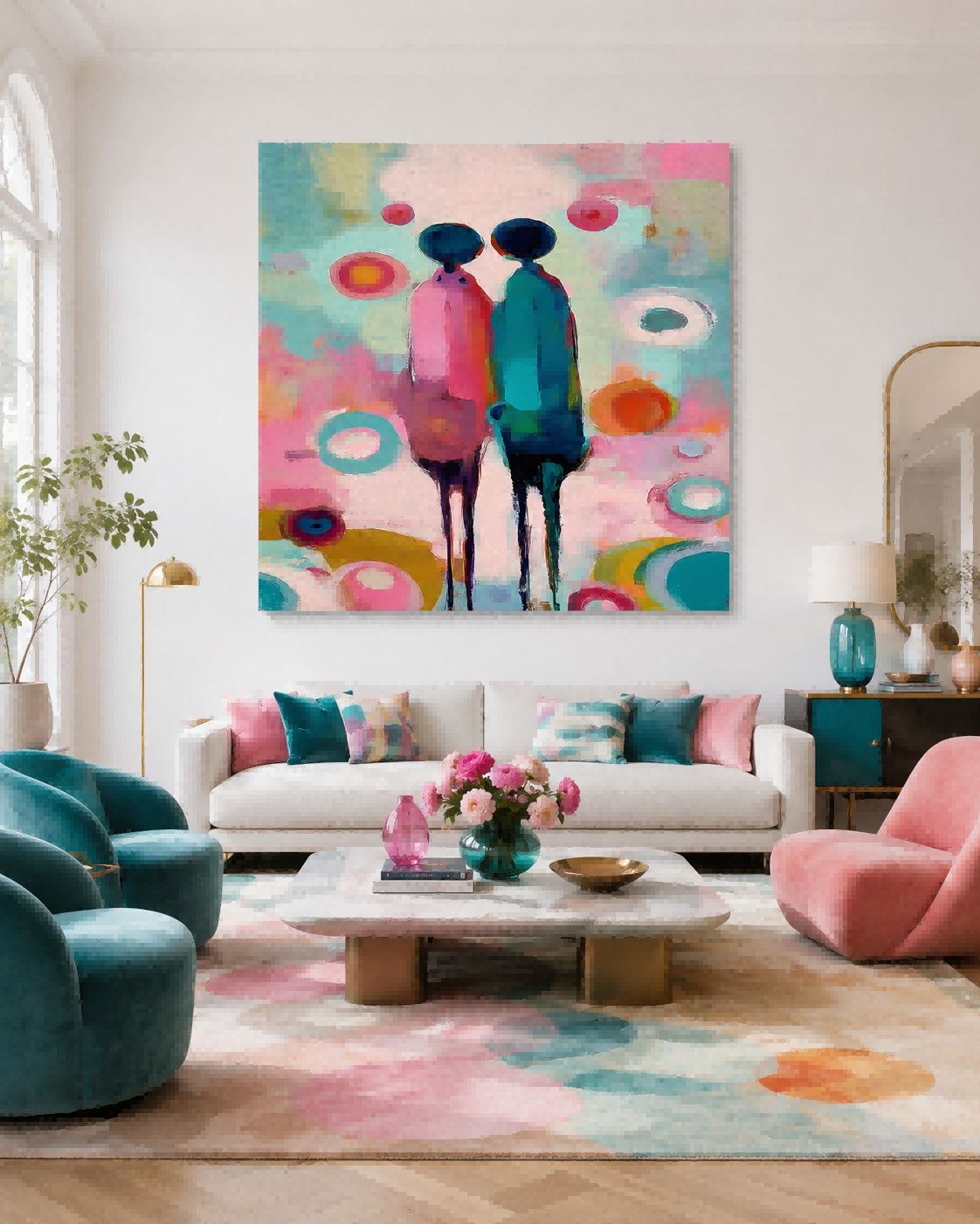 Romantic Wall Art Decor Abstract Pink And Teal Painting For Bedroom Or Lounge