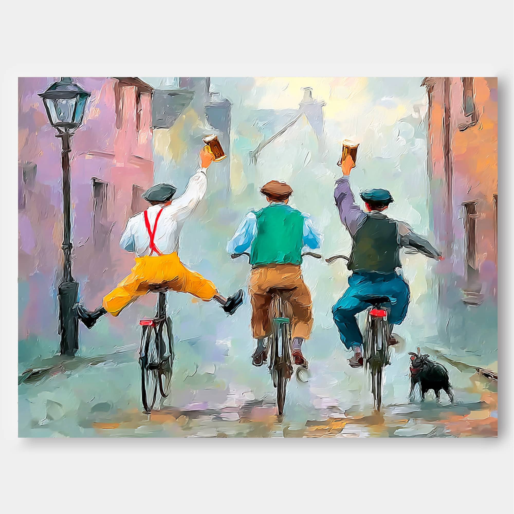 Impressionist Street Scene With Three Men Cycling And Celebrating Vintage Wall Art
