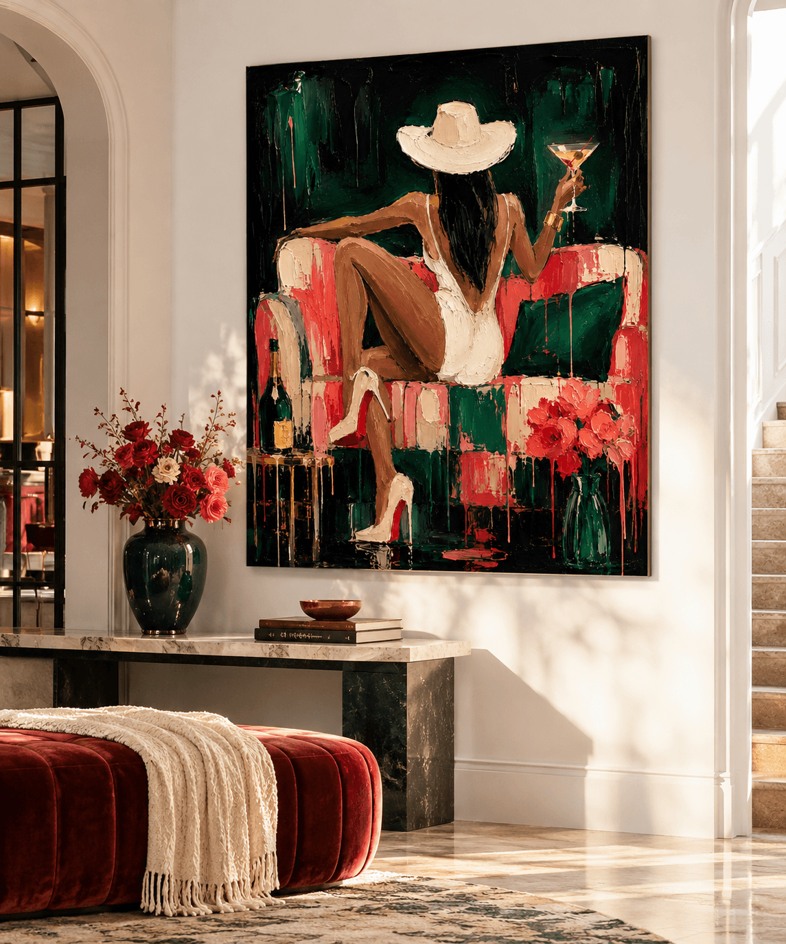 Elegant Woman In White Hat With Cocktail Modern Canvas Painting