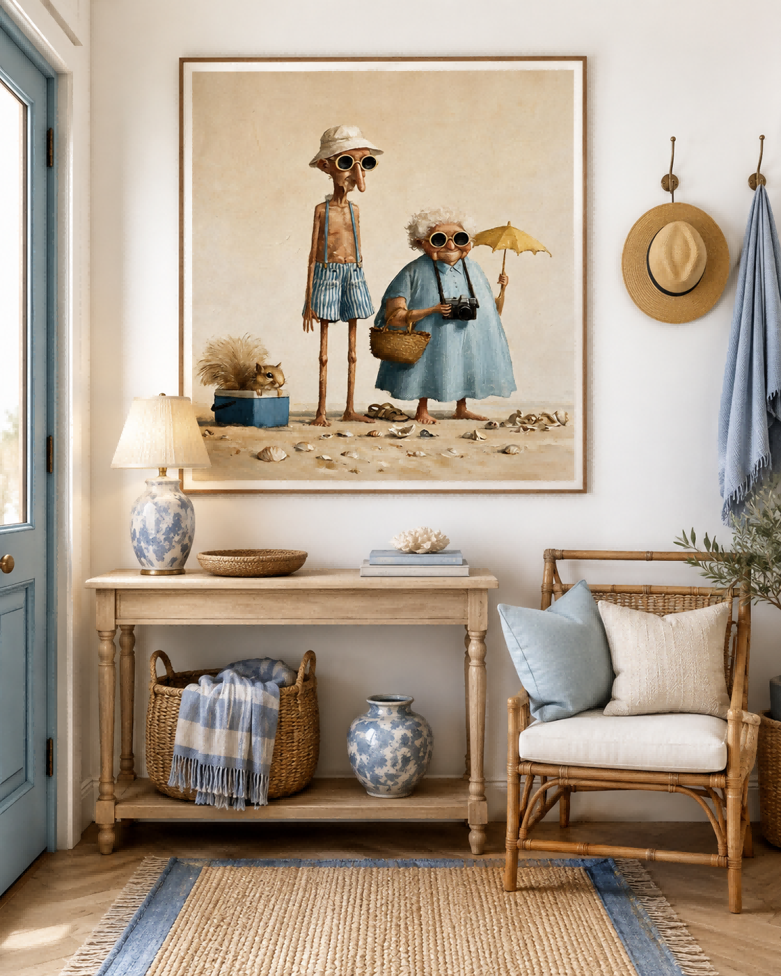 Vintage Couple Beach Painting Square Canvas Wall Art For Living Room Decor