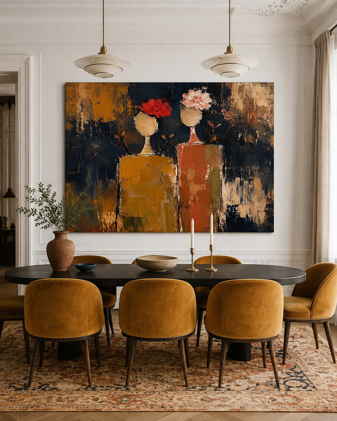 Vintage Modern Abstract Art Canvas Textured Painting With Pink And Red Flowers
