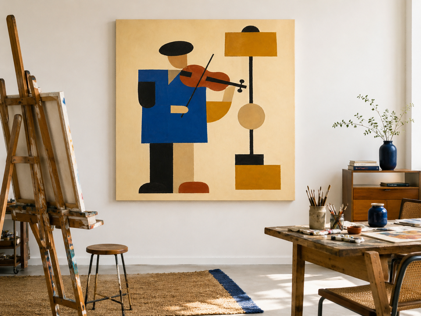 Minimalist Cubist Style Oil Painting Abstract Figure With Violin Artwork