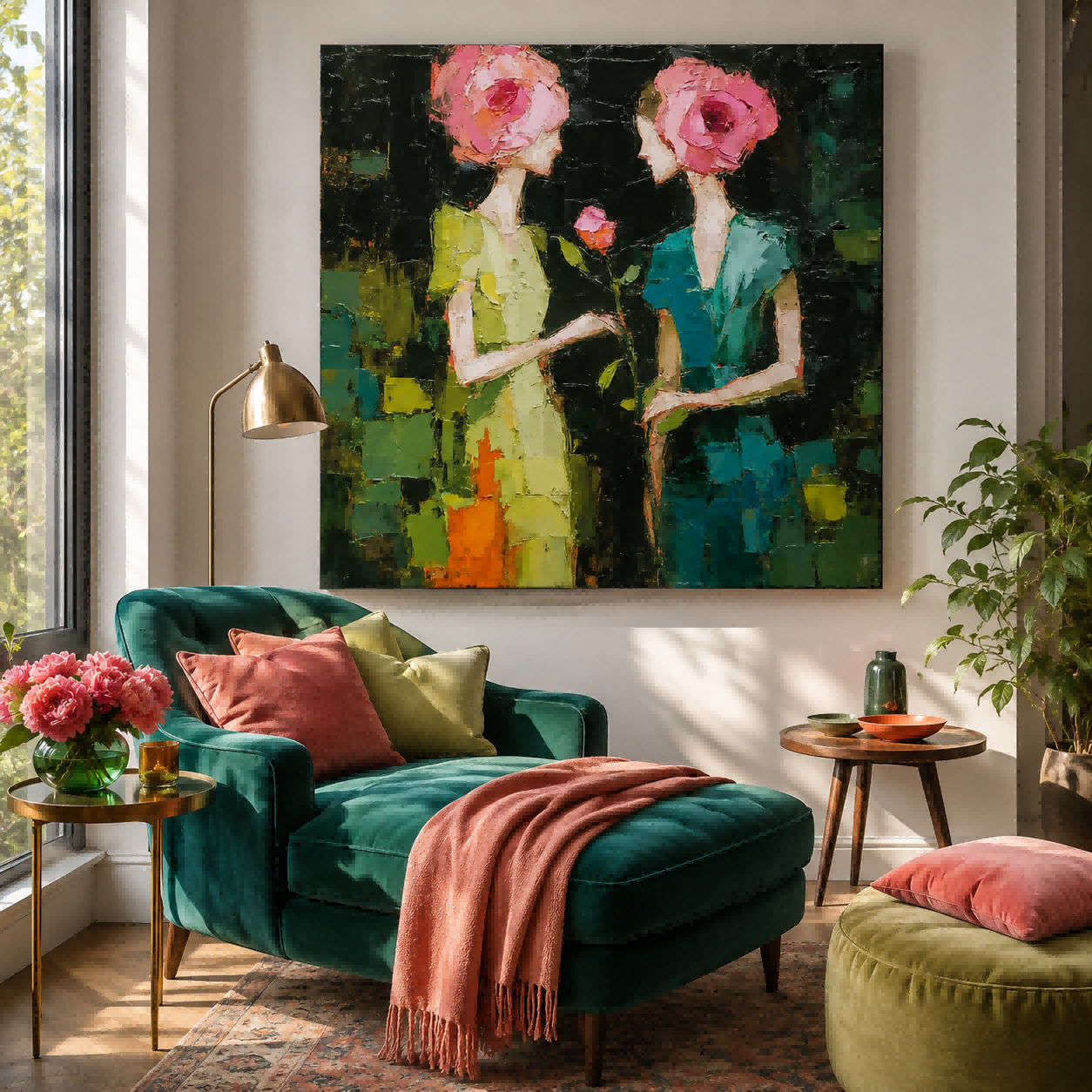 Vintage Style Oil Painting Of Two Women With Rose Heads For Living Room Wall Art Decor