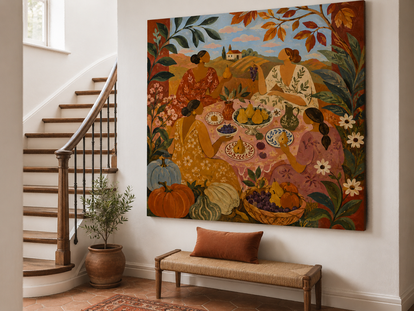 Fantasy Style Original Canvas Painting Of Outdoor Picnic With Floral Details