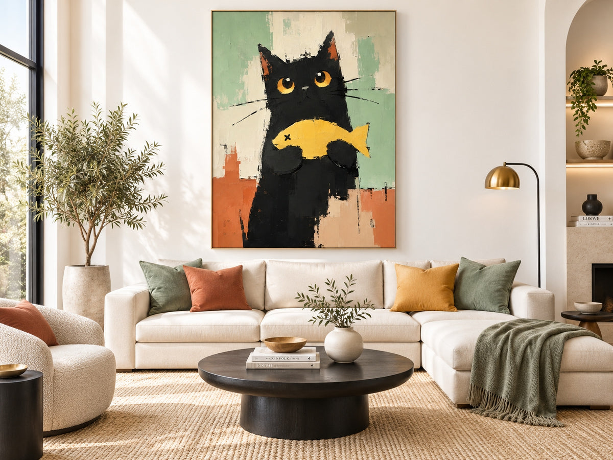 Minimalist Textured Cat Portrait Oil Painting Modern Abstract Home Decor