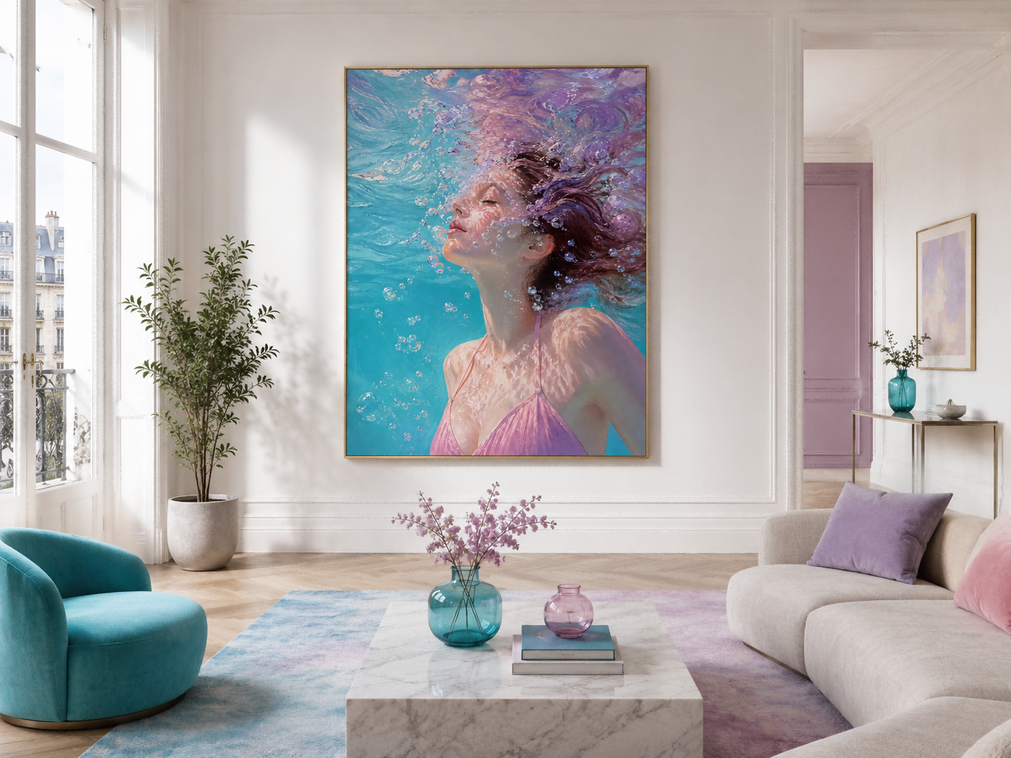 Modern Underwater Woman Painting With Bubbles And Soft Light For Home Decor