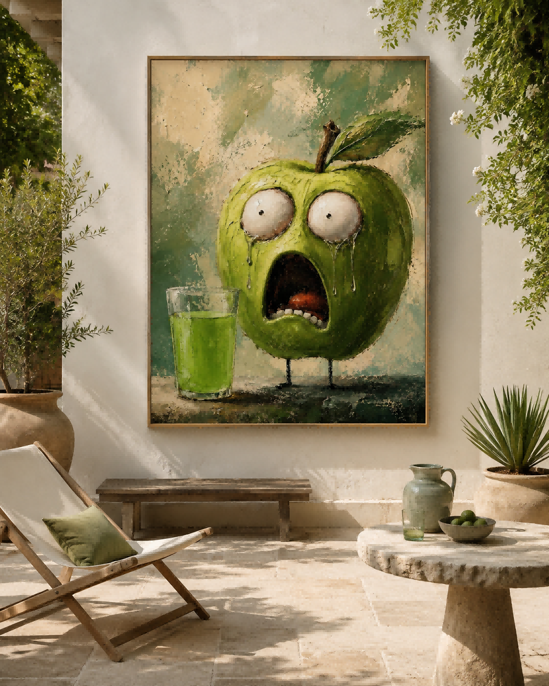 Quirky Anthropomorphic Green Apple Oil Painting With Expressive Face For Eclectic Interiors