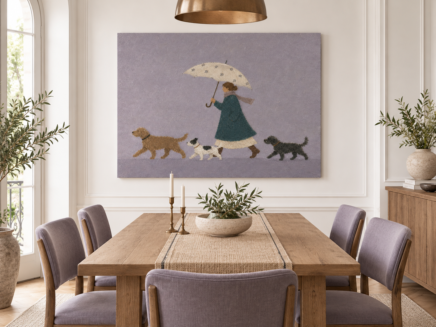 Woman Walking Dogs In Rain Hand-Painted Canvas Art With Umbrella