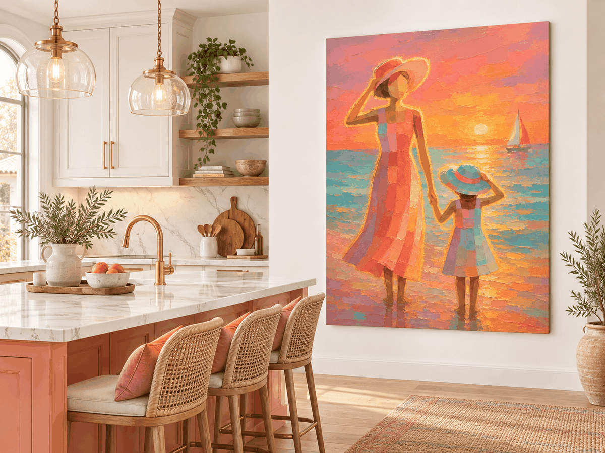 Mother And Daughter Sunset Beach Hand-Painted Canvas Art With Sailboat