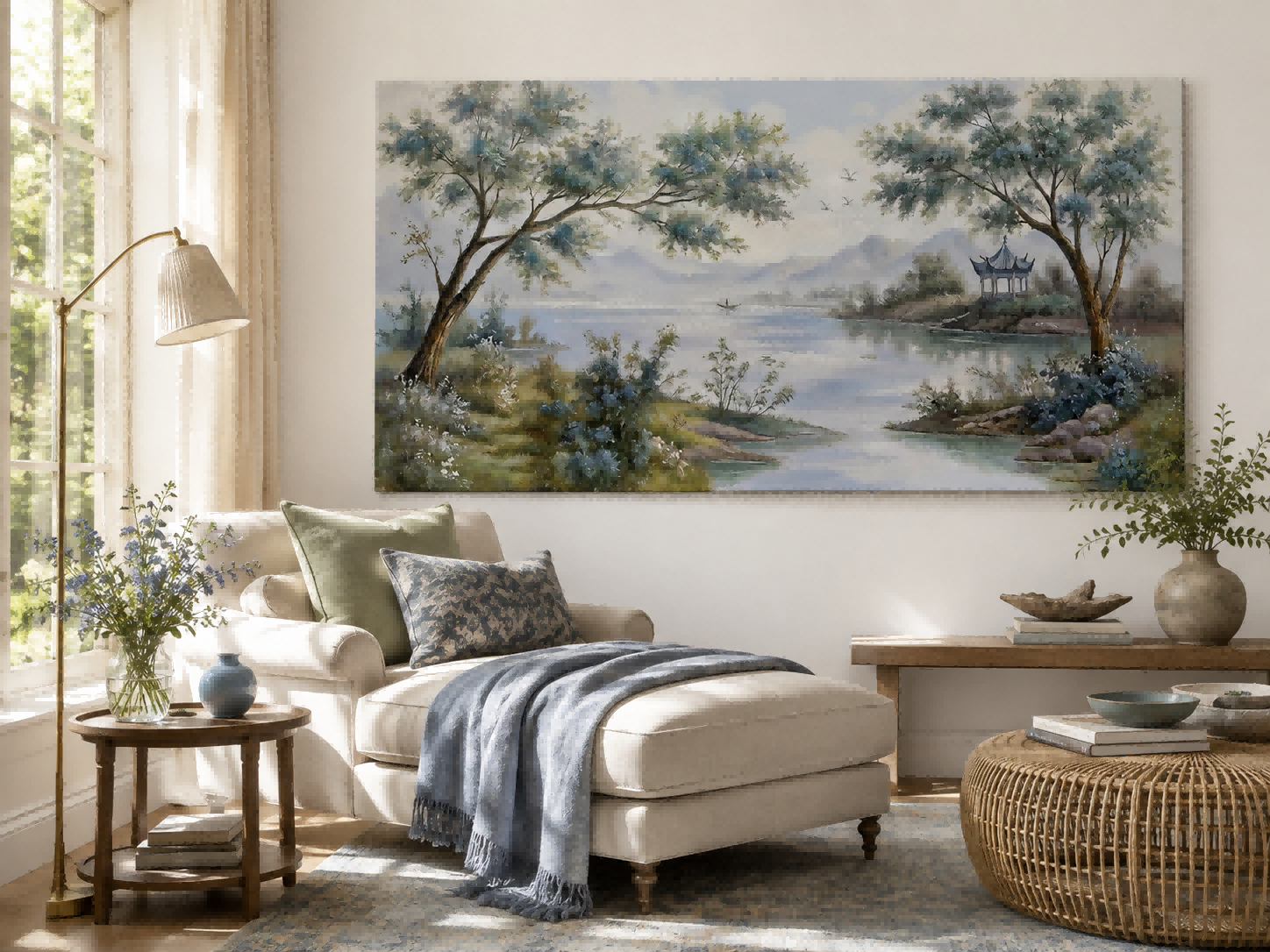 Serene River View Canvas Art With Mountains And Trees For Modern Home