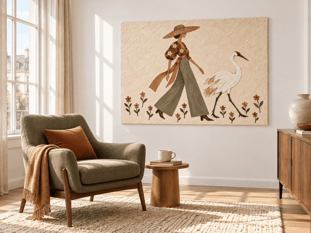 Modern Vintage Textured Canvas Painting Abstract Nature Theme Art Woman And Crane Hand-Painted Art