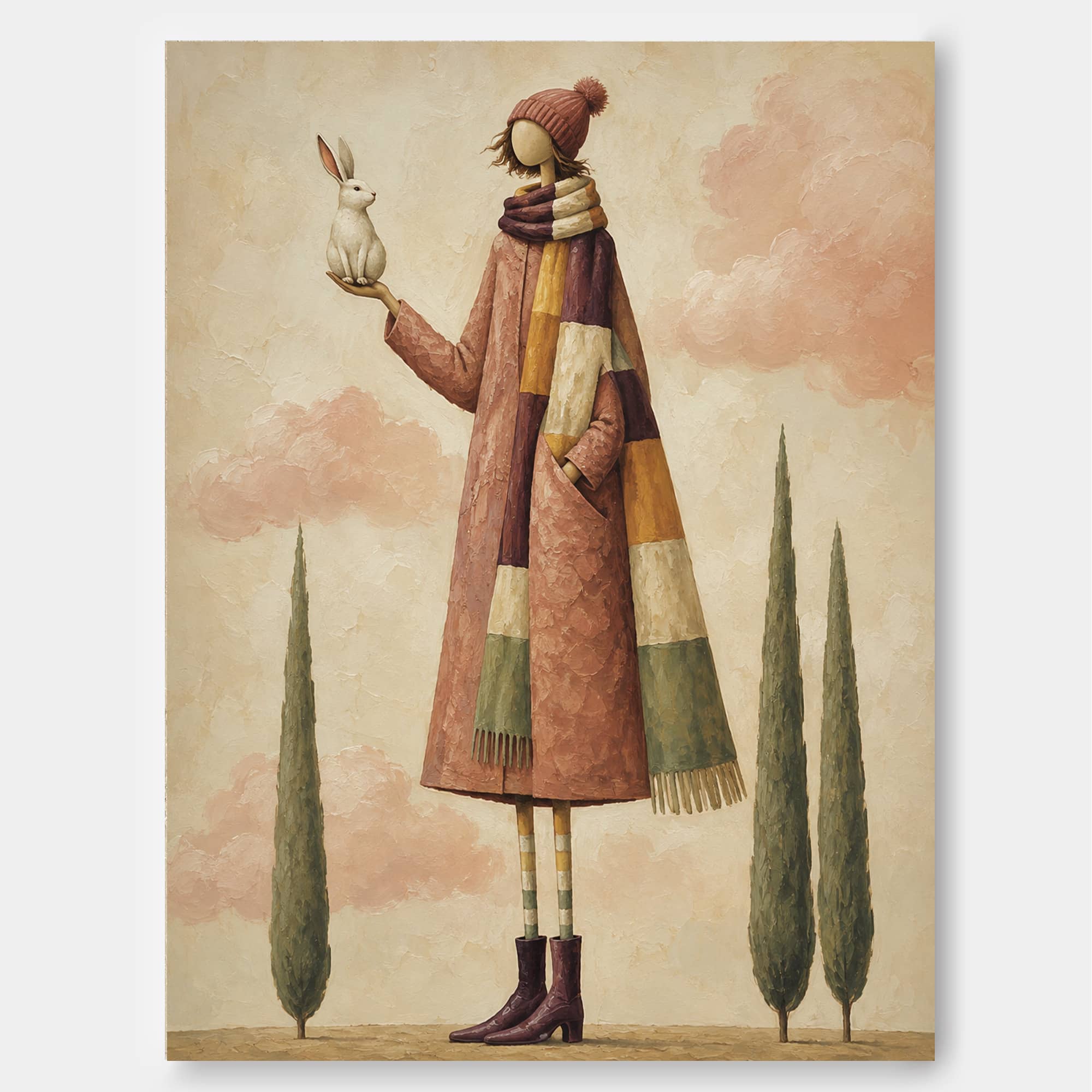 Surrealist Fantasy Oil Painting Of A Girl In A Long Coat With A White Hare