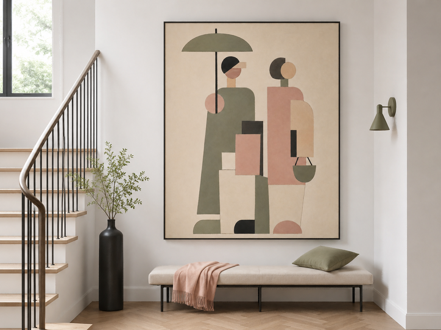 Abstract Geometric People Painting Hand-Painted Canvas Art With Umbrella In Beige Green Pink