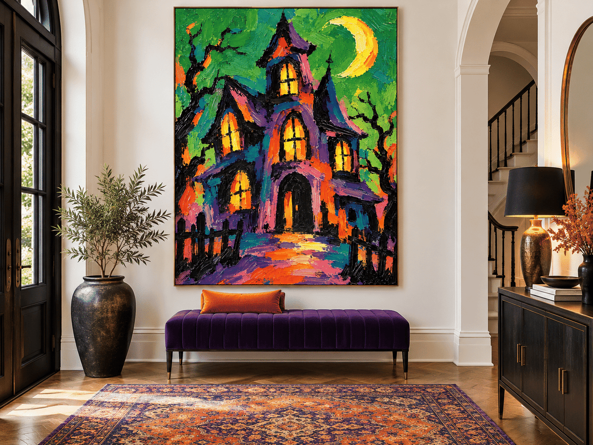 Haunted Manor Painting With Moon Hand-Painted Canvas Art In Purple And Orange Modern Halloween Wall Art