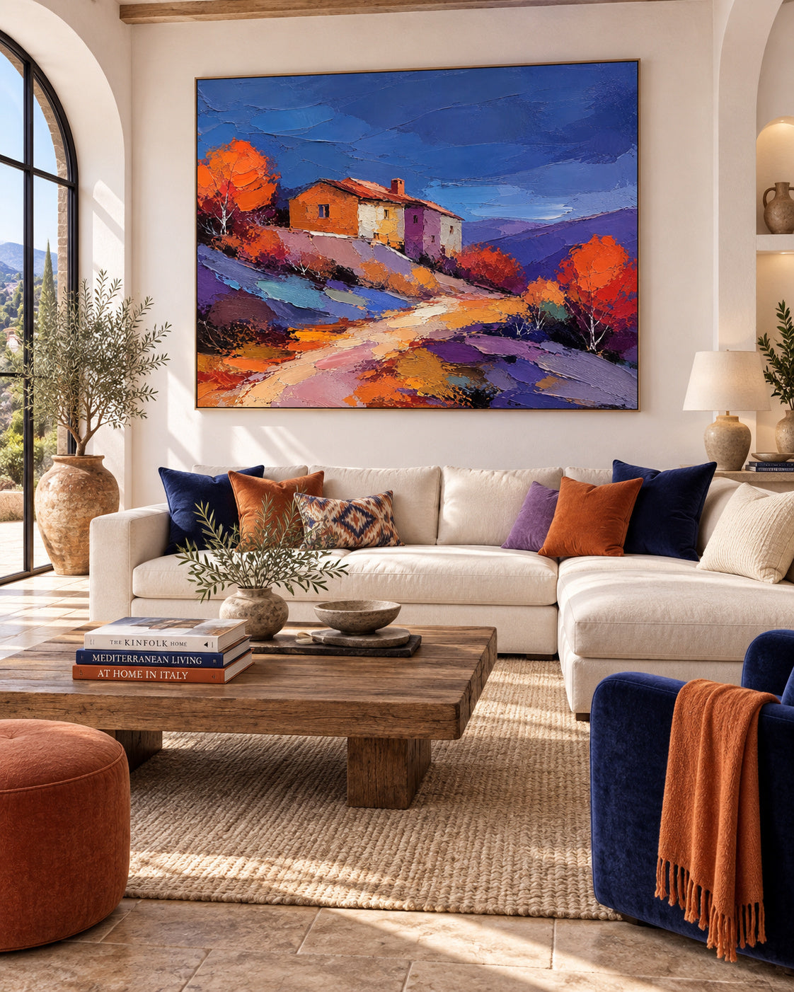 Hand-Painted Autumn Landscape With Cottage And Colorful Hills Canvas Art