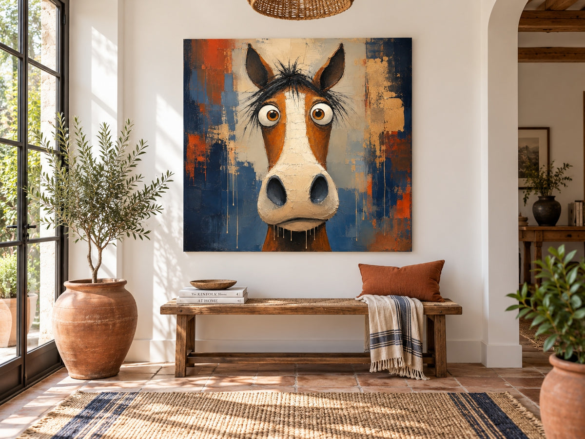 Abstract Pop Art Horse Painting With Textured Orange And Blue Tones