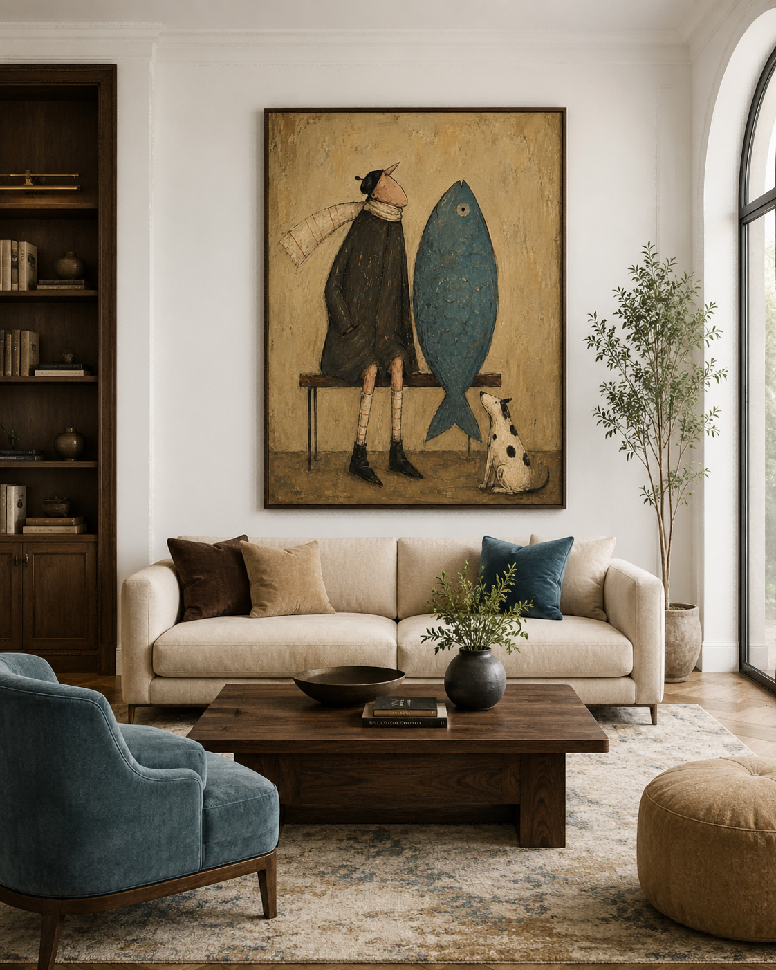 Whimsical Vintage Canvas Painting Of Man And Giant Fish Original Art