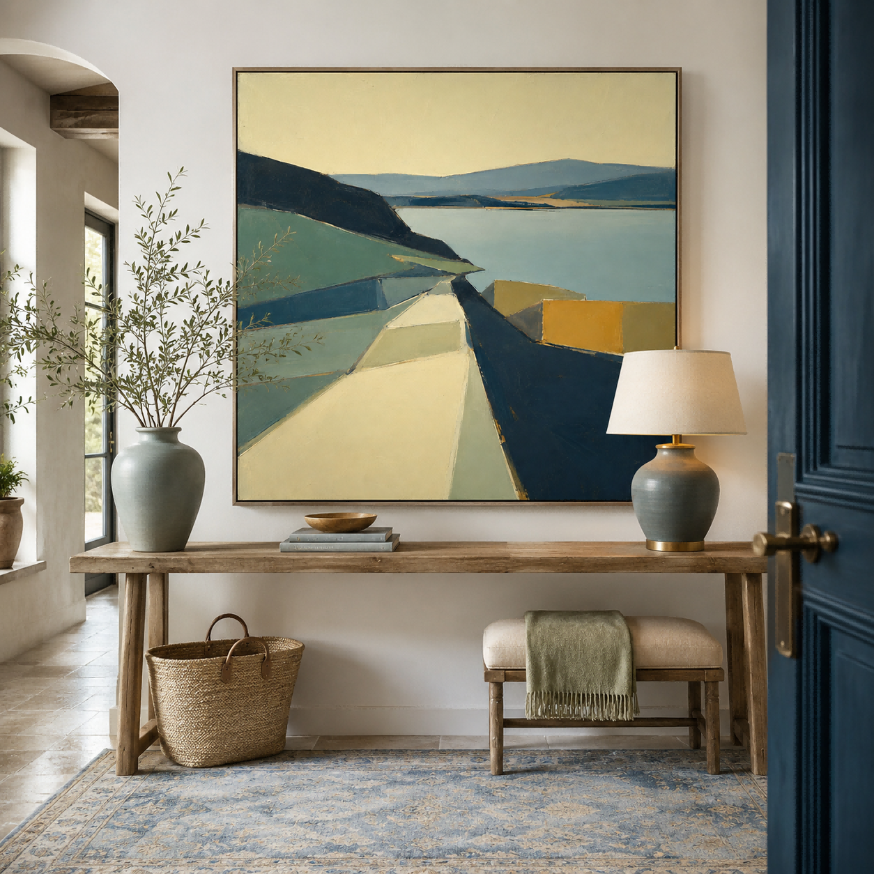 Modern Abstract Landscape Painting With Geometric Forms For Living Room Decor