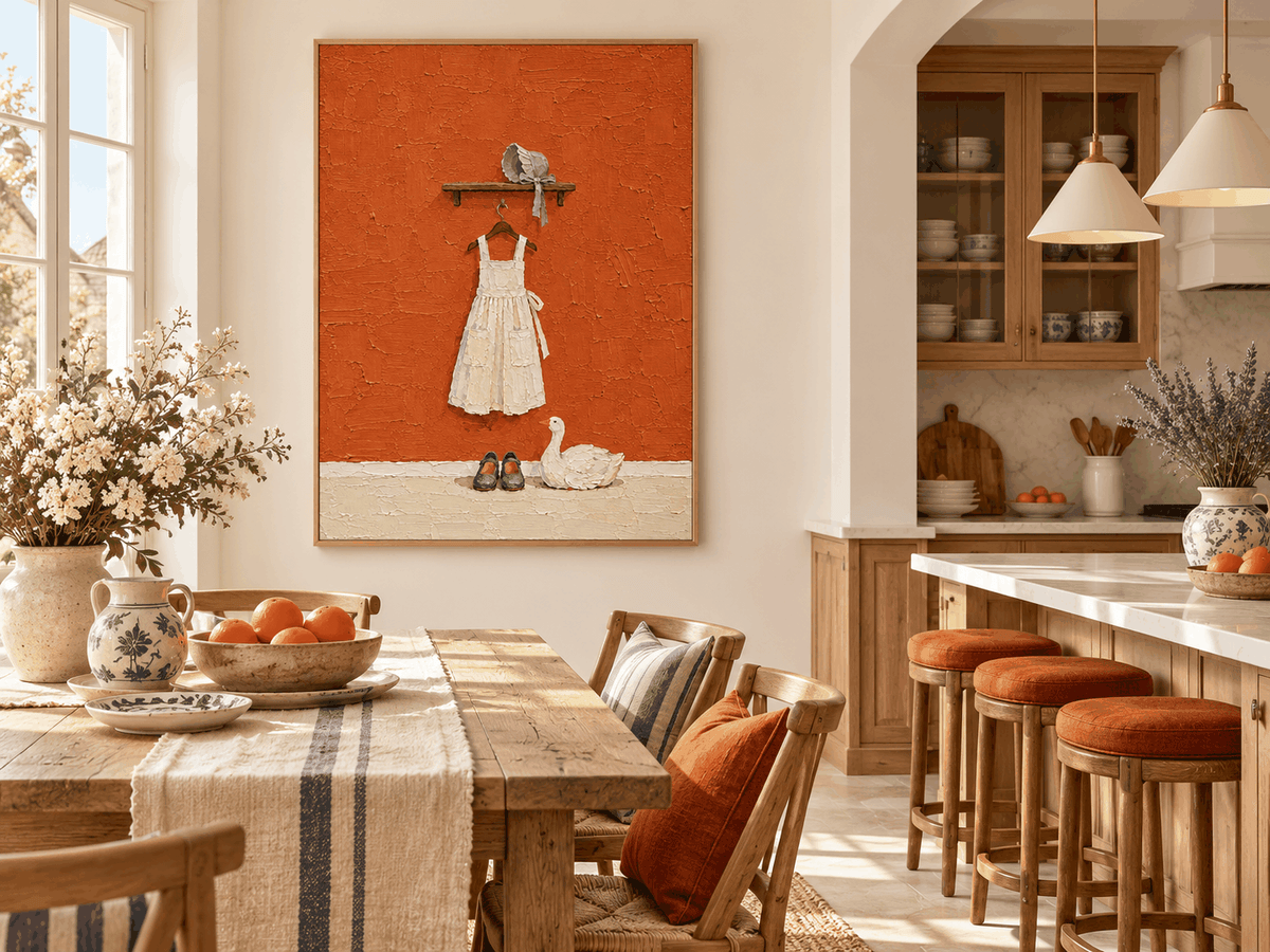 Hand-Painted White Dress And Duck Canvas Art With Orange Background