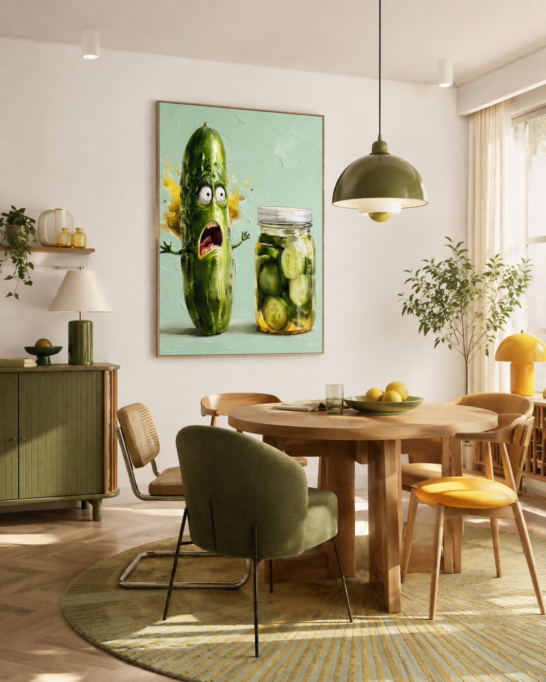 Funny Cucumber Painting For Modern Kitchen Wall Art Decor With Textured Green Pop Art Style