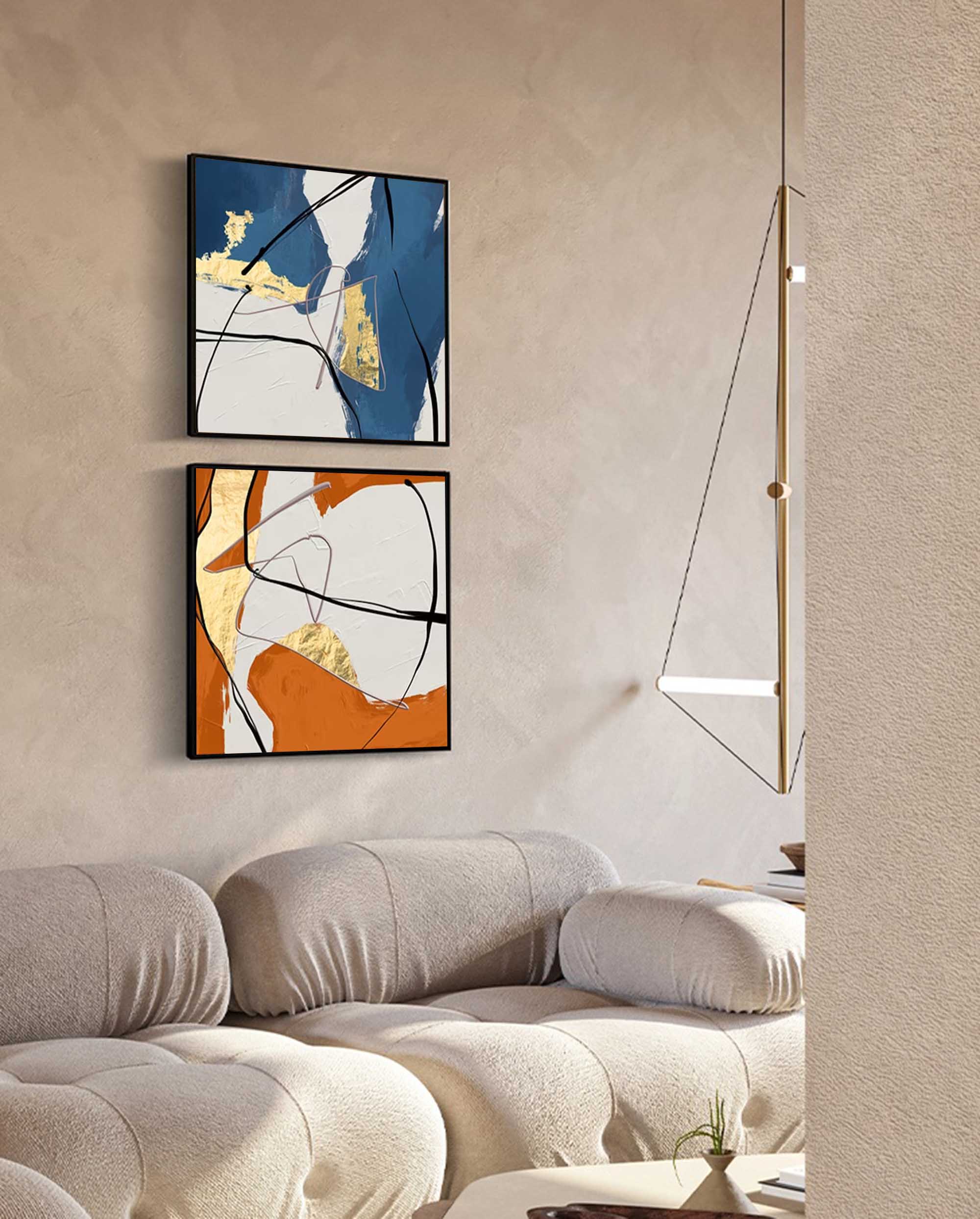 Set of 2 Large Abstract Modern Gold Blue Orange Square Colorful Original Oil Painting On Canvas Living Room